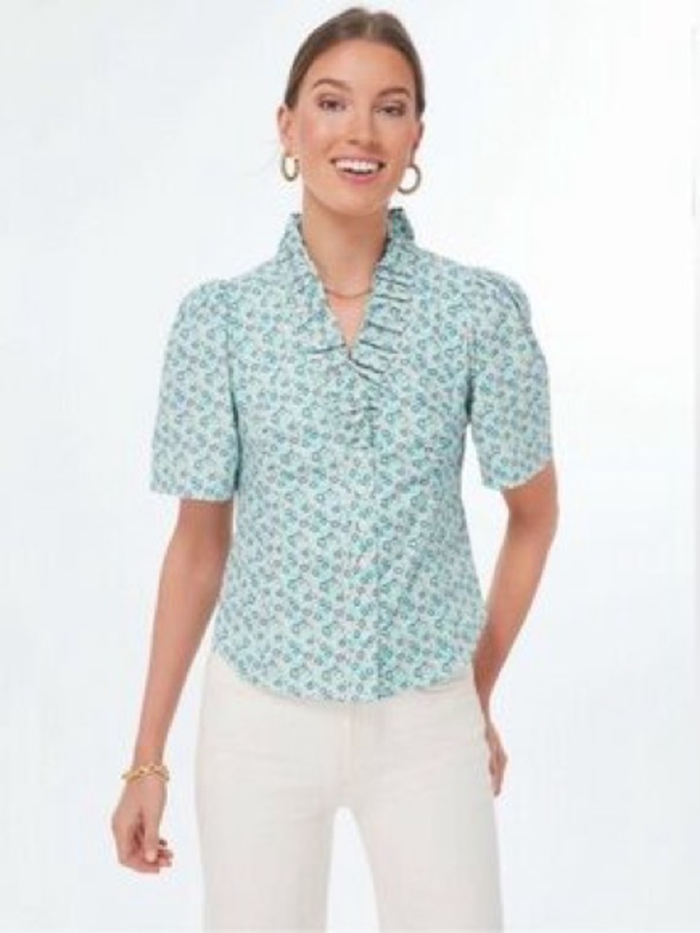 Tuckernuck Aqua Floral Ruffle Button-Down Shirt M